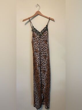 Leopard Print Satin Slip Dress with Lace Trim - Brown